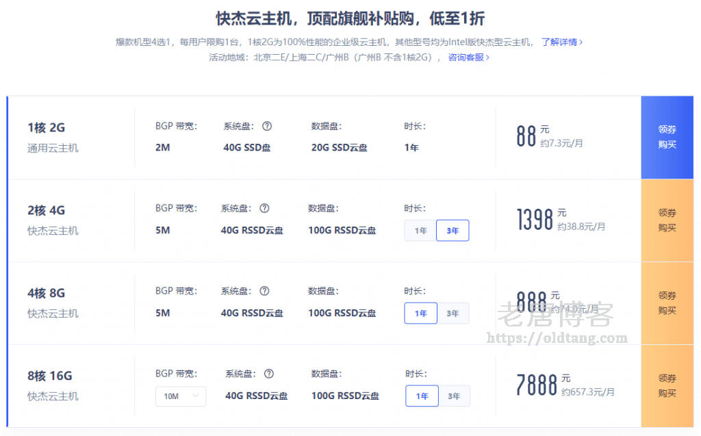 UCloud：快杰云主机 1 折，1核 CPU、2G 内存、2M 带宽、60G 硬盘仅需 88 元/年-老唐笔记