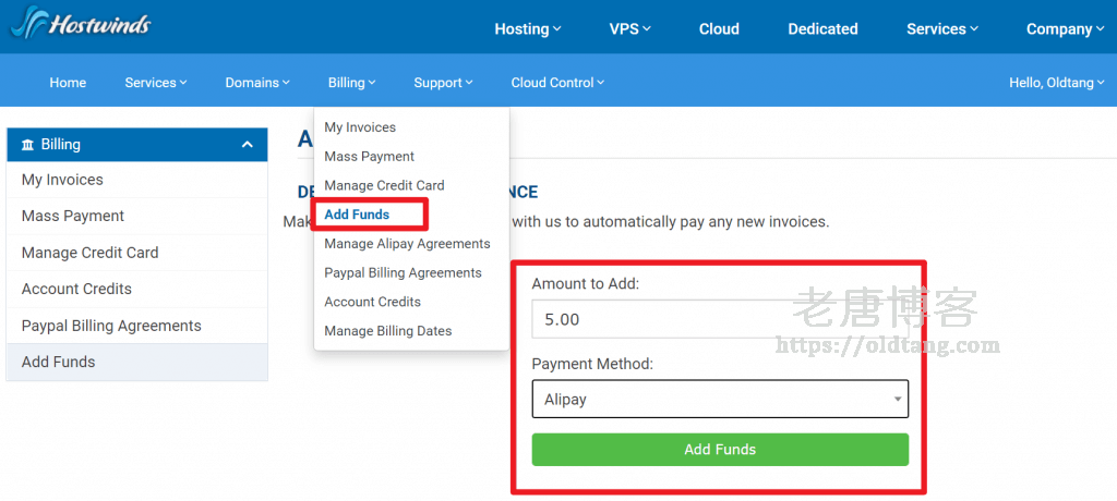 Hostwinds 充值教程：支付宝充值账户余额并查看账户余额的方法-老唐笔记