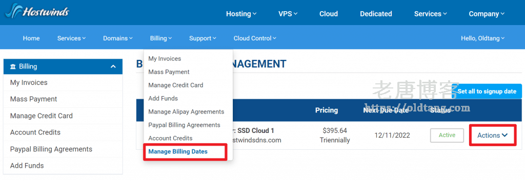 Hostwinds 续费教程：修改续费周期（年付 月付等）和账单到期日期-老唐笔记