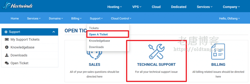 Hostwinds 联系客服教程：出现问题可提交工单或直接在线聊天求助-老唐笔记