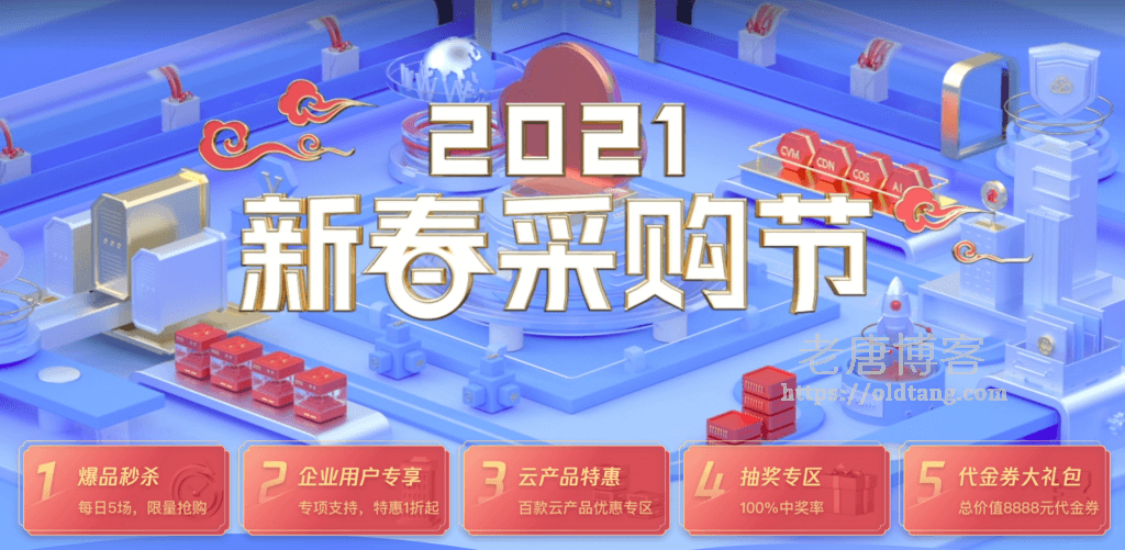 2021 腾讯云新春采购季：轻量秒杀288元3年/3000元代金券大礼包-老唐笔记