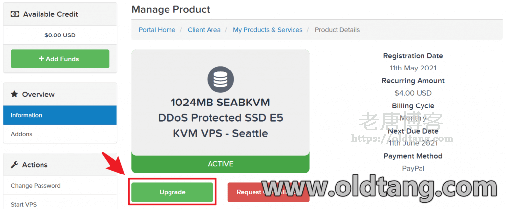 SpartanHost 升级套餐配置教程 - 官网后台一键升级非常方便-老唐笔记